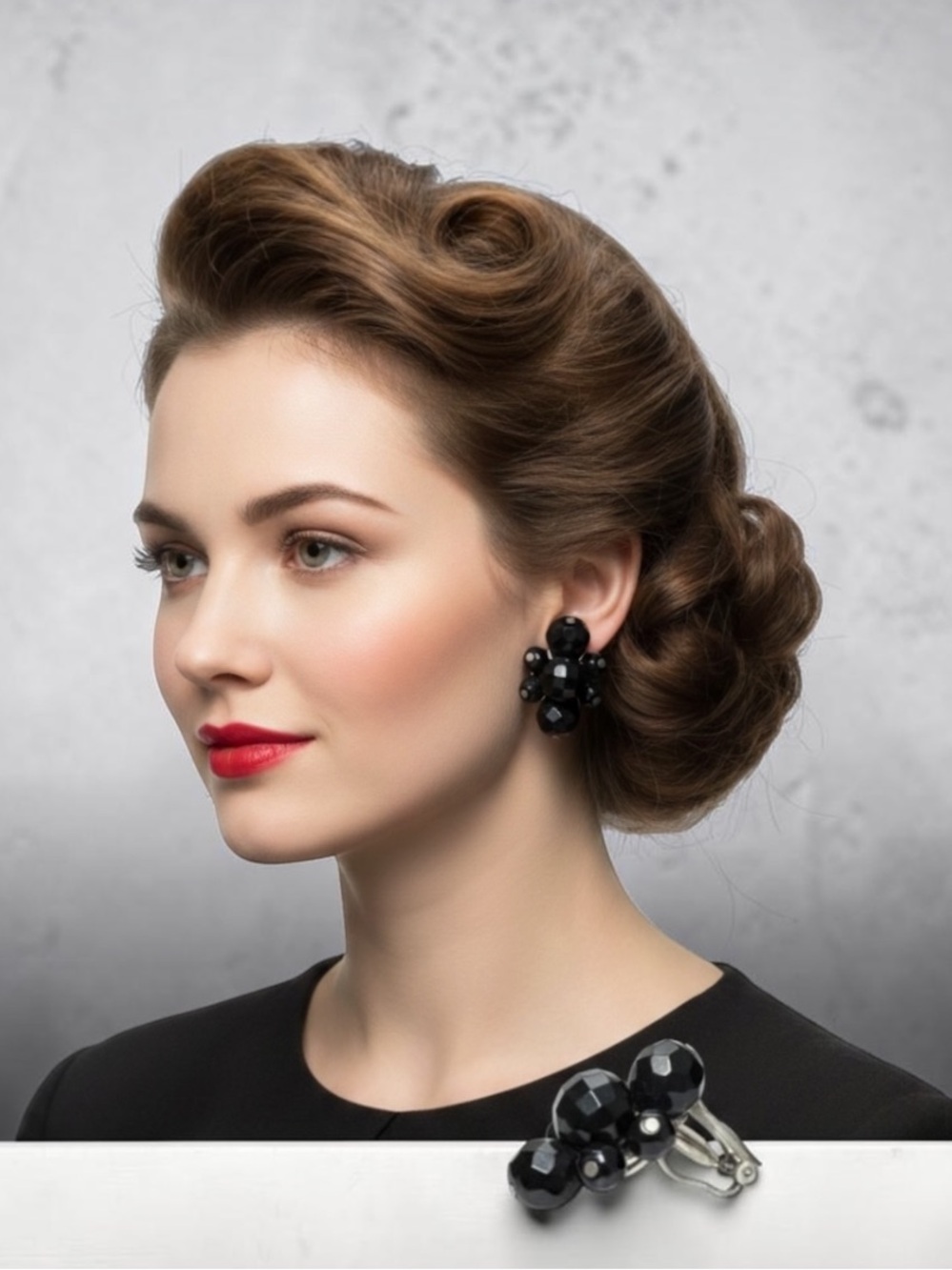 Hollywood Black Faceted Women Cluster Clip-On Earrings
